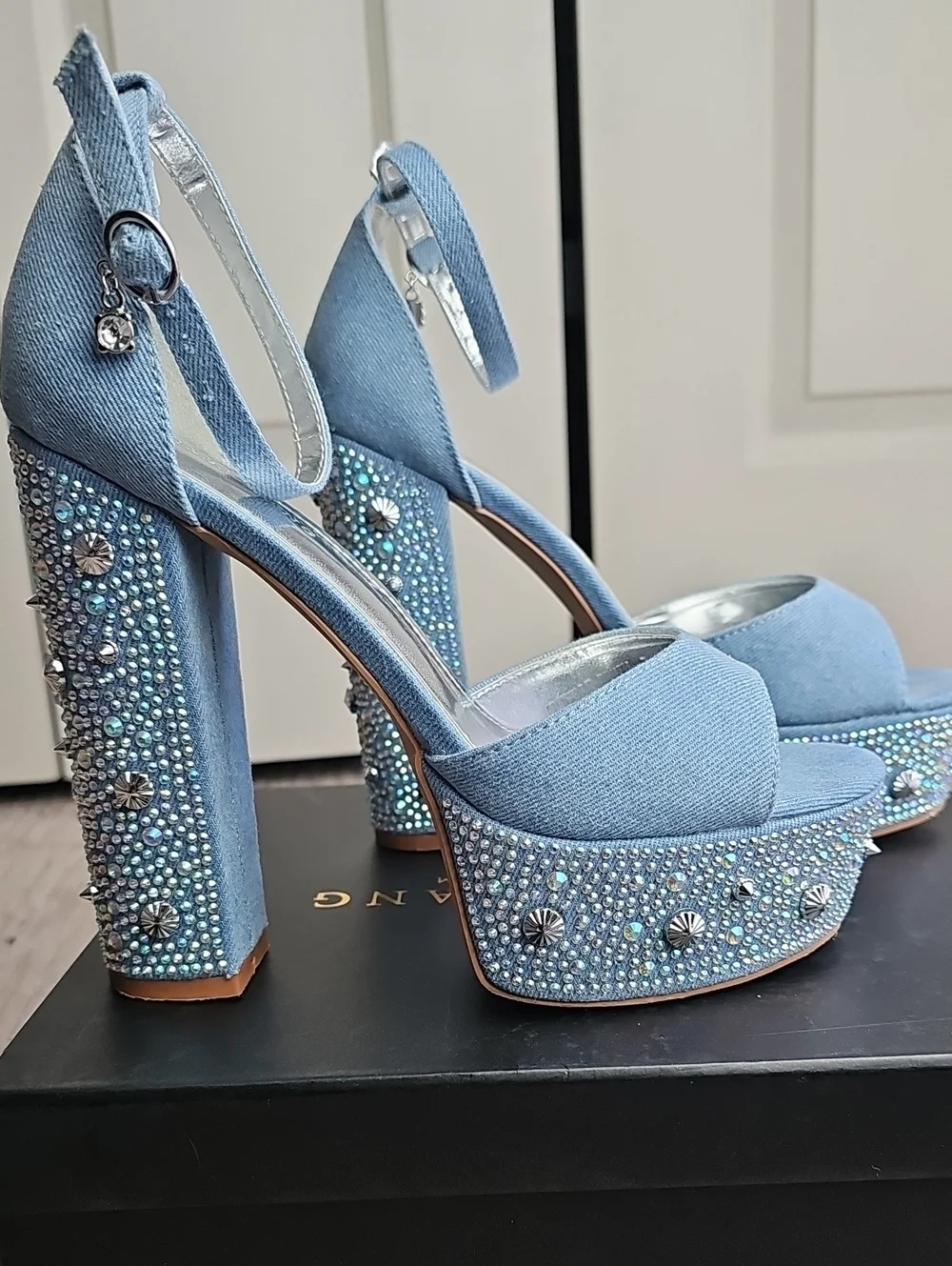 Light Blue Platform Ankle-Strap High Heels with Rhinestone Embellishment